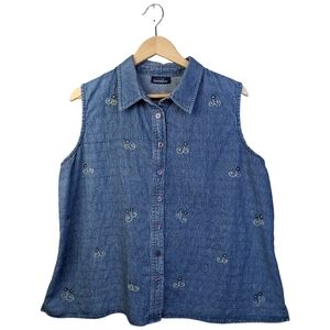 Vintage Penningtons Embroidered Denim Sleeveless Button Up Top  | Plus Size 2X